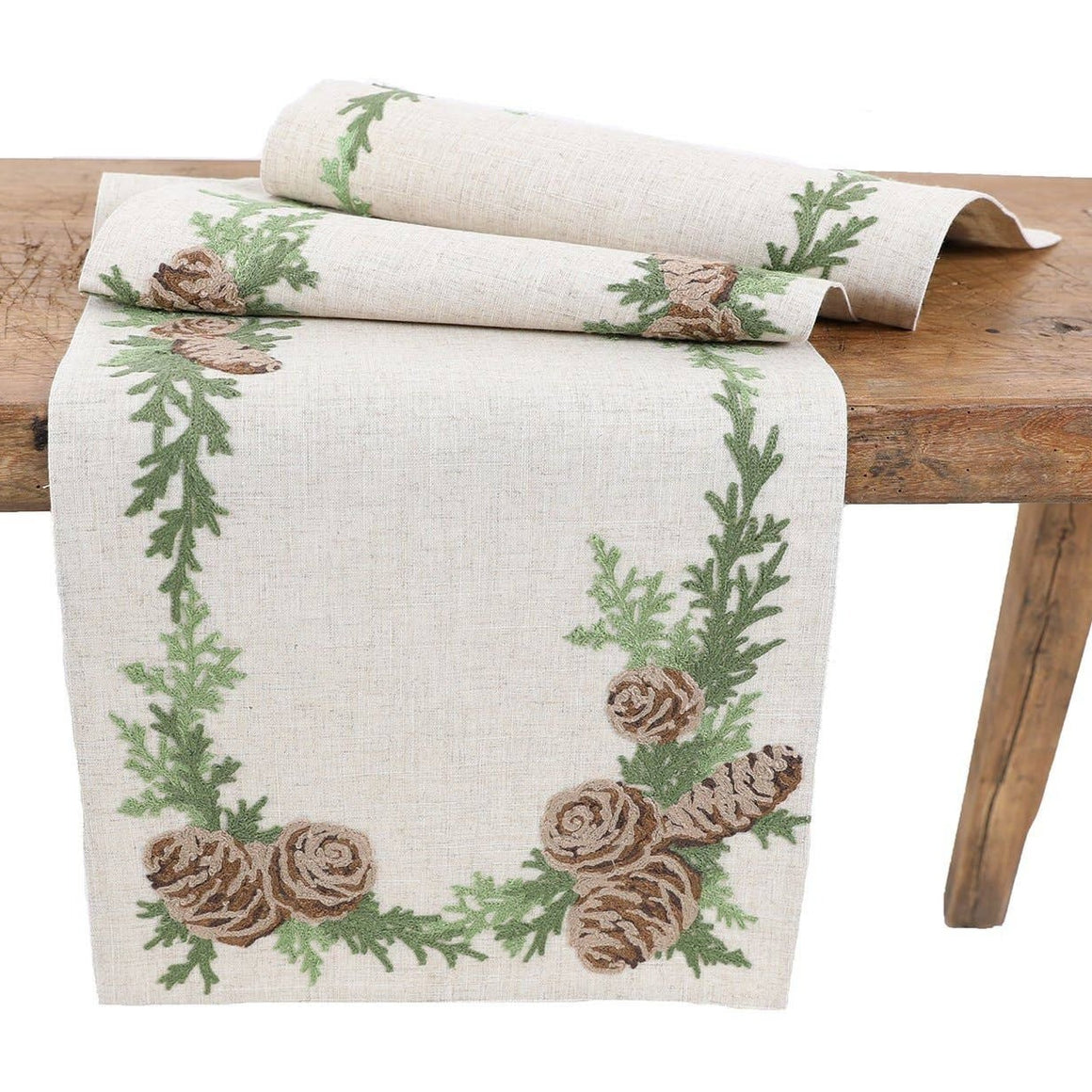 Winter Pine Cones Embroidered Table Runner